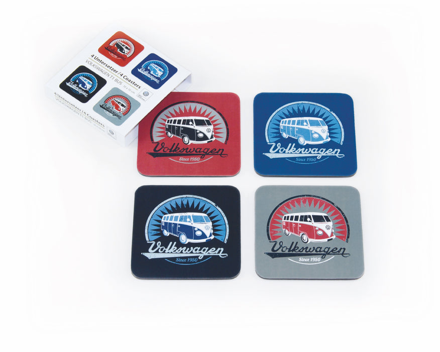 VW T1 Bus Coasters 4-PC Set in paper sleeve - Vintage Logo - 4 Colours