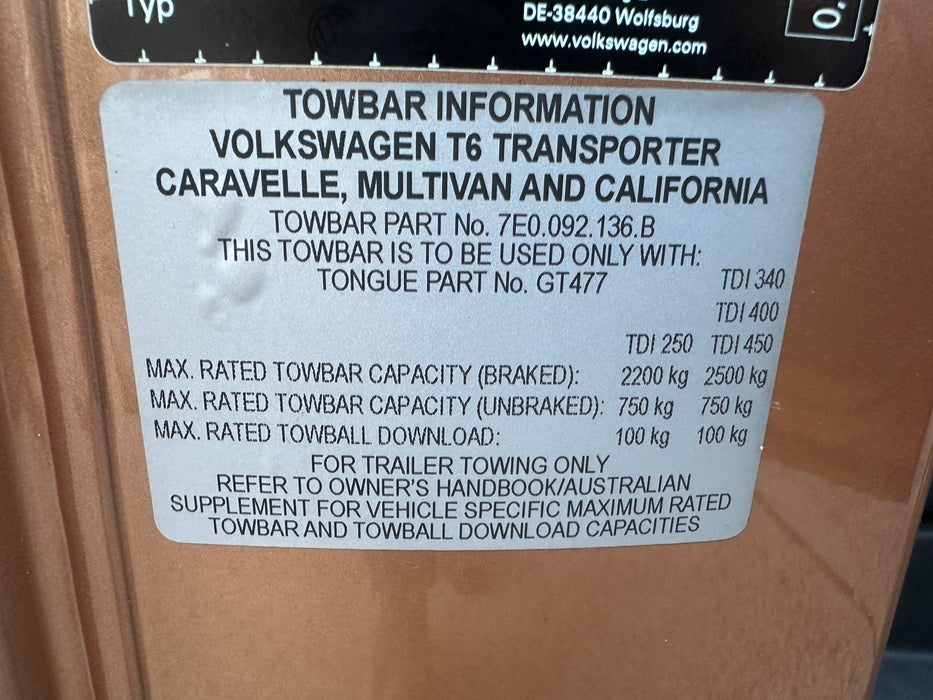 Hayman Reese 50mm Towbar  Tow rating Placard for Volkswagen T6.1 and T6 and T5GP and T5 Transporter Multivan Caravelle and California 