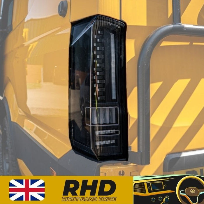 VW Crafter (2017-onwards) – Rear Lights – Sequential Indicator – LED – RHD – Barn Door – Black Clear