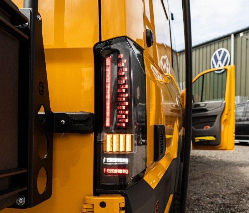 VW Crafter (2017-onwards) – Rear Lights – Sequential Indicator – LED – RHD – Barn Door – Black Clear
