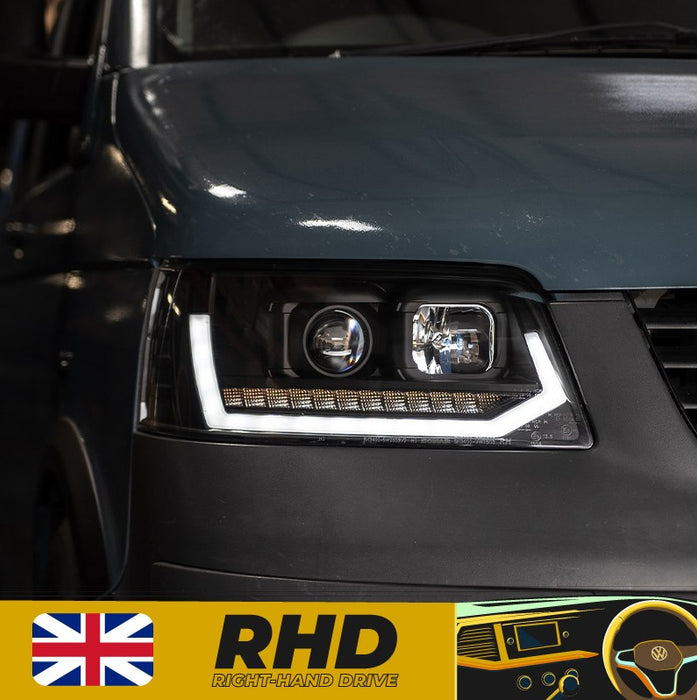 VW T5 LED DRL V2 Headlights with Sequential Indicators – Black-KIT
