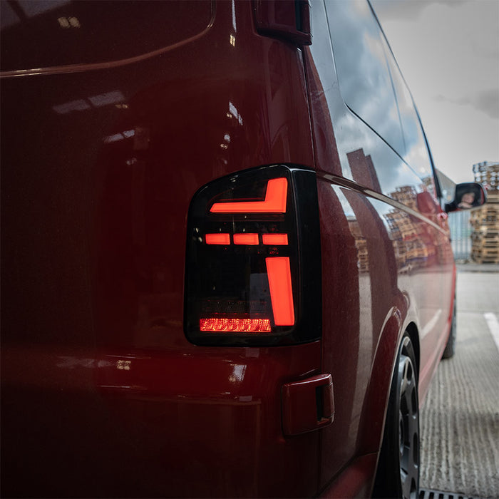 VW T6 – Rear Lights – Sequential Indicator – LED – Barn Door – Black Smoke (T6.1 Style)