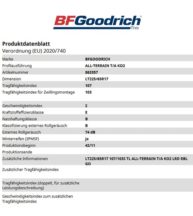 BF Goodrich All Terrain T/A KO2 225/65R17" 107/103S All Terrain Tyre 225 65 17 4x4 Off Road VW Vans - Multivan / Transporter / California