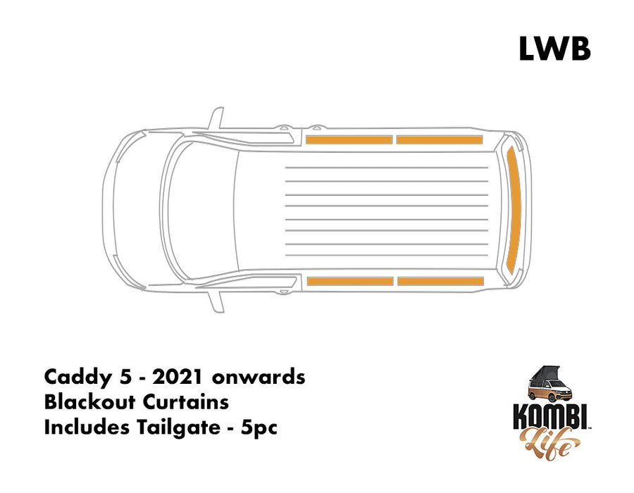 Caddy 5 - 2021 onwards - LWB - Blackout Camper Curtains - Includes Tailgate - 5pc